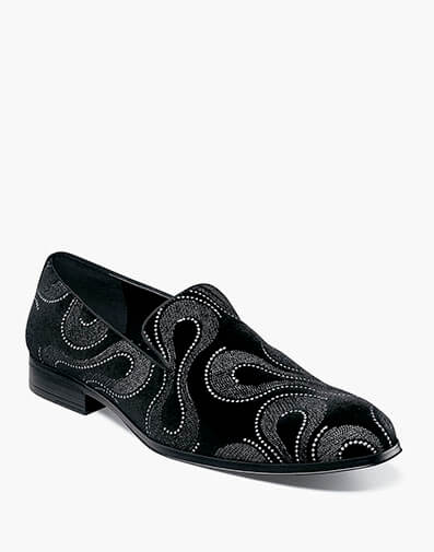 Swainson Plain Toe Embroidered Slip On in Black and Silver for $$110.00