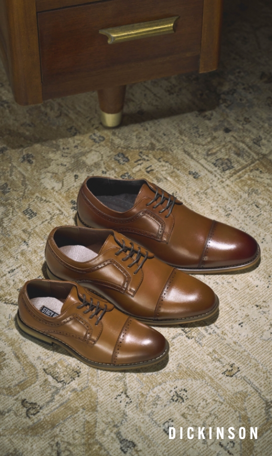 Boys Shoes view all category. Image features the kid's Dickinson in cognac. 