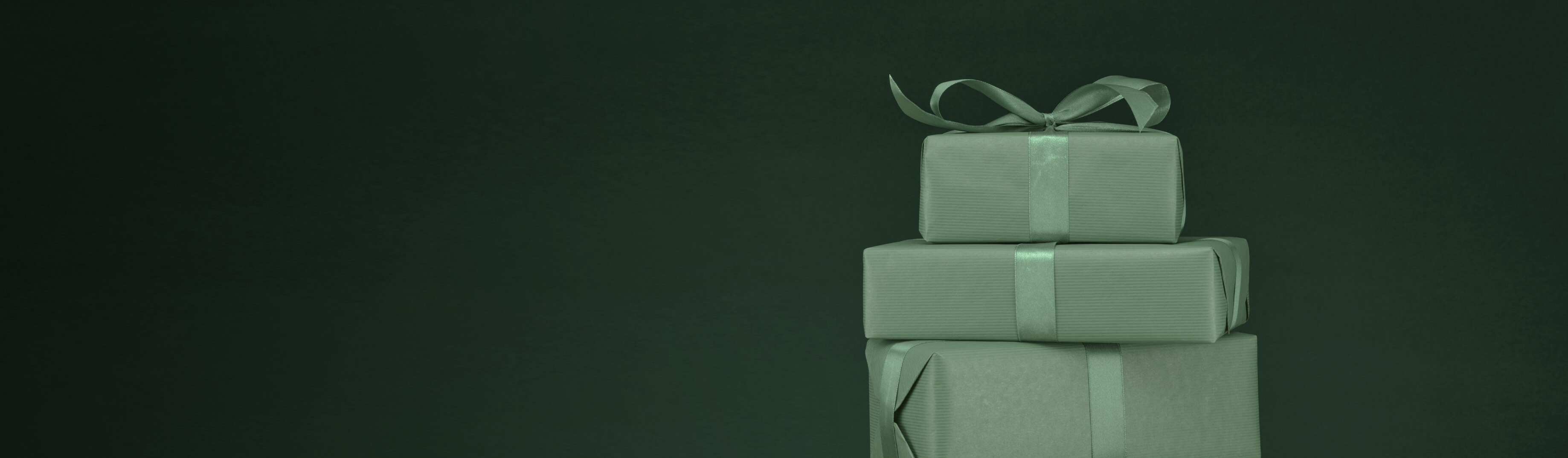 Shop our holiday gift guide featuring white text on a green background and a pile of gifts.