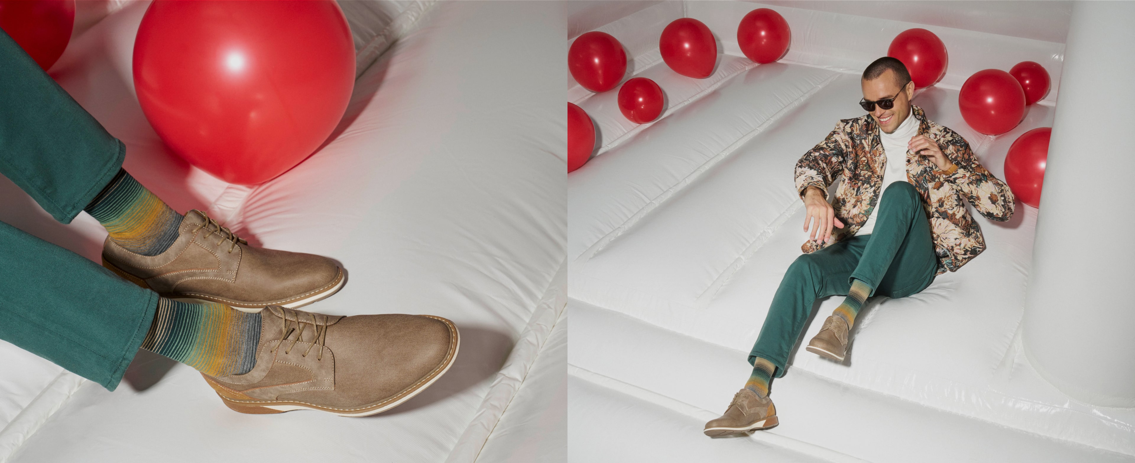 Shop this seasons new arrivals featuring a man laying on a white bouncy house with red balls. 
