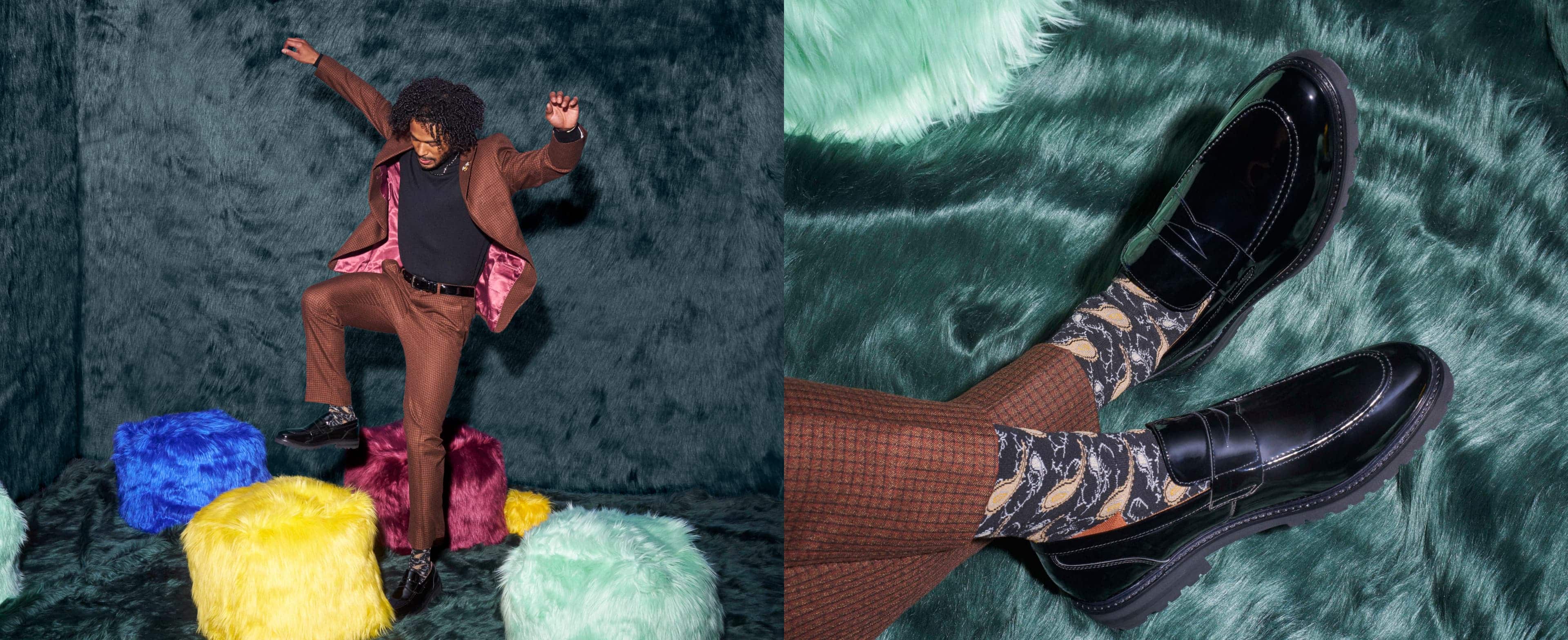 Shop Stacy Adams new arrivals featuring the Hazelton loafer on a green fur background.