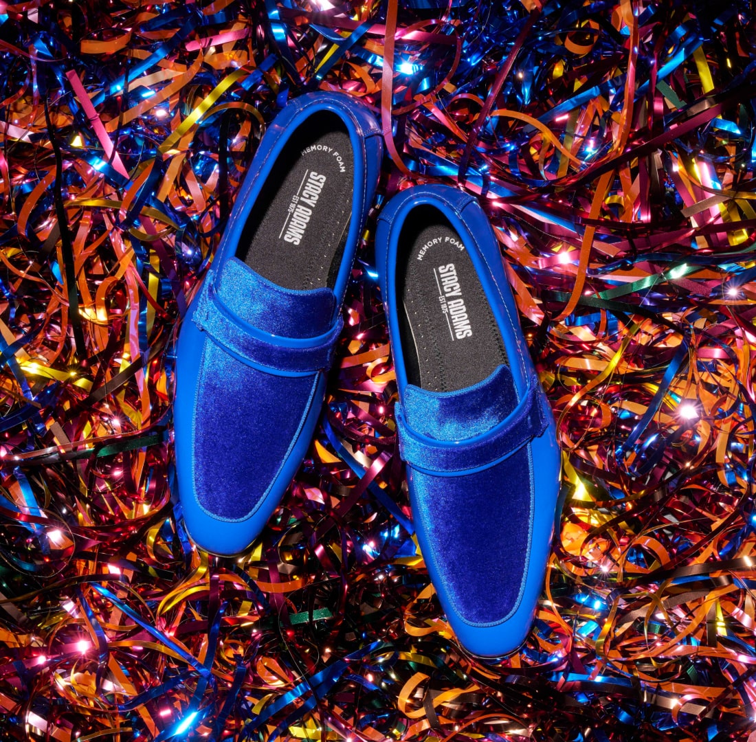 Shop Stacy Adams fashion styles featuring the Spratley in royal on a colorful tinsel background.