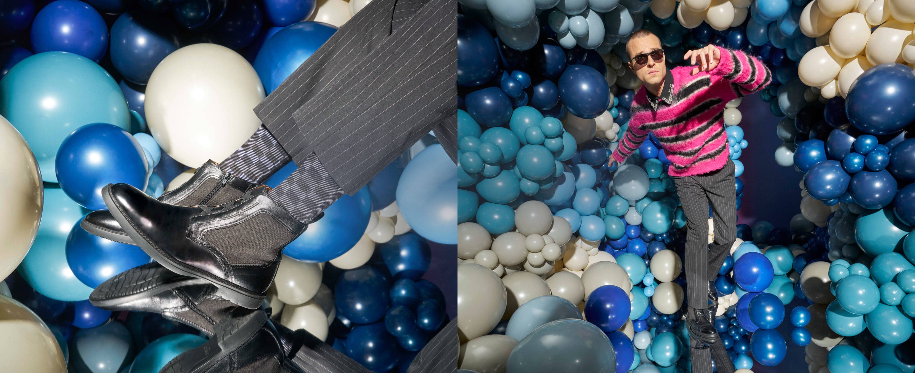 Shop Stacy Adams new arrivals featuring the Thompson boot on a mirrored floor and blue balloon background.