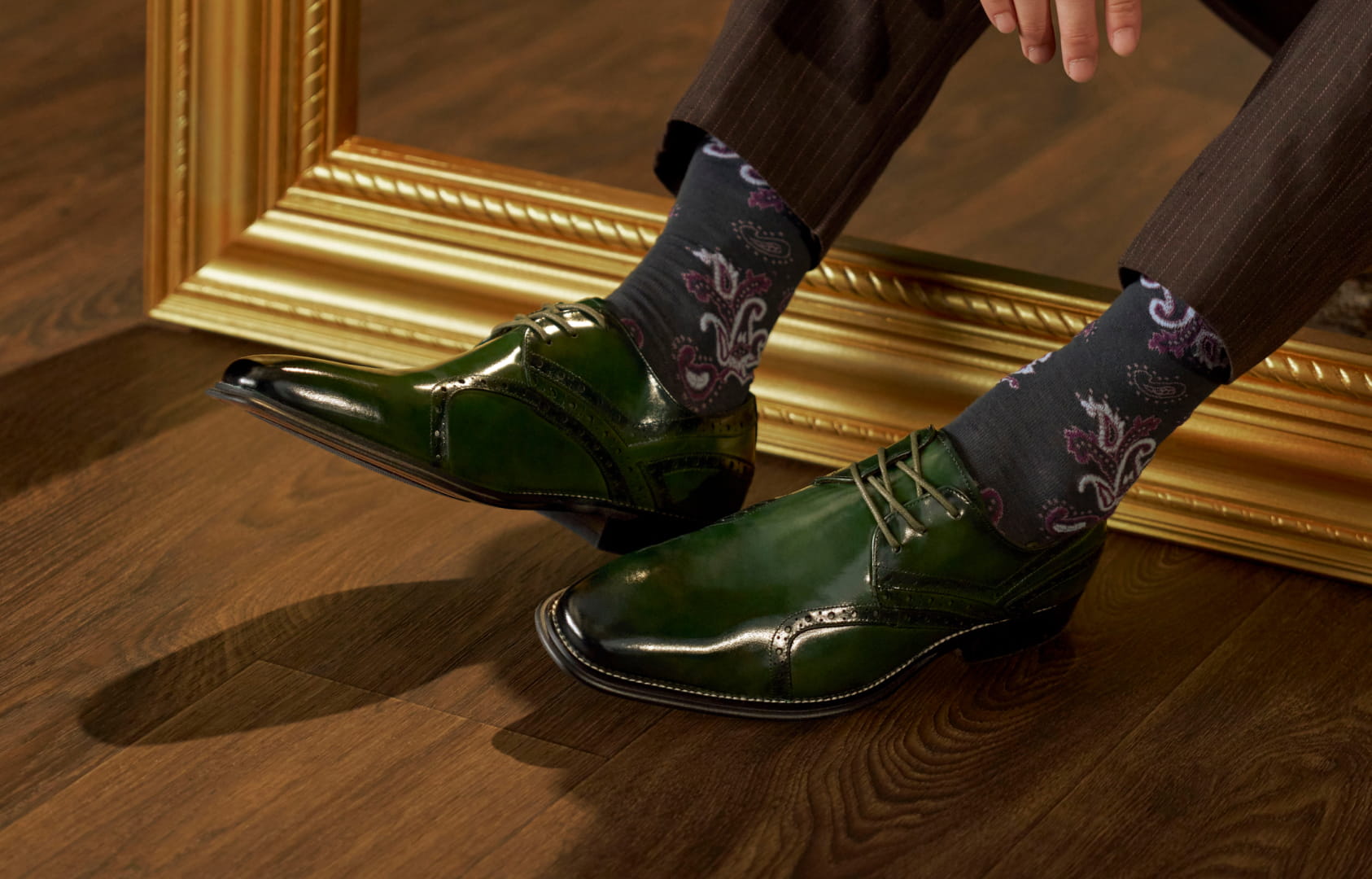 Shop Stacy Adams Fashion Shoes featuring the Alexander Plain Toe Oxford with picture frame on a wood floor background.