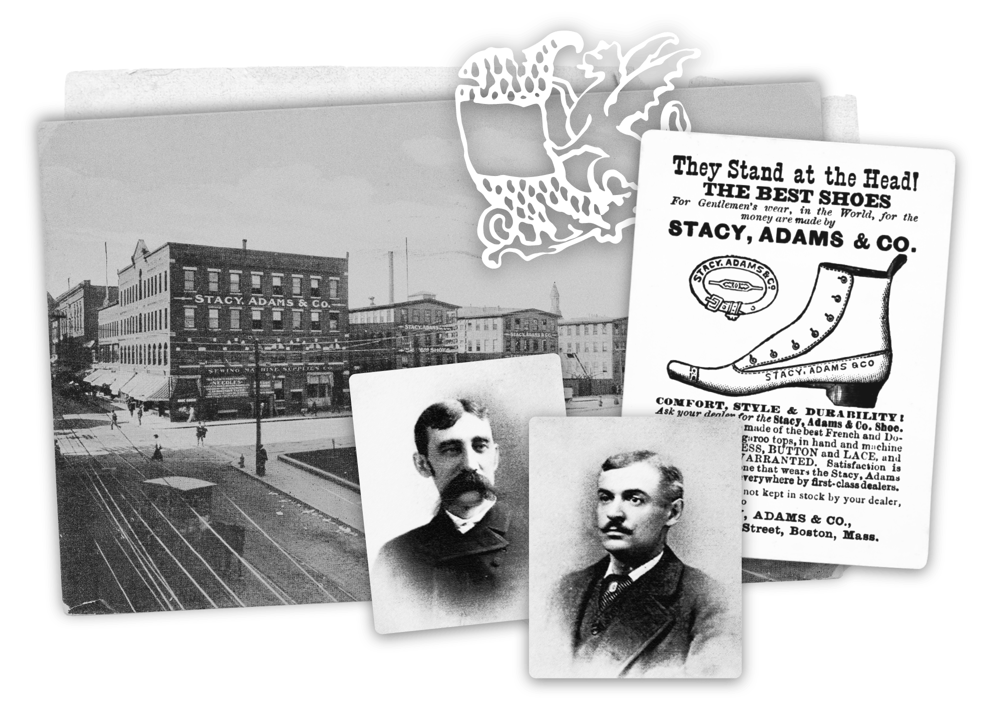 Image features vintage imagery of Stacy Adams founders and storefronts. 