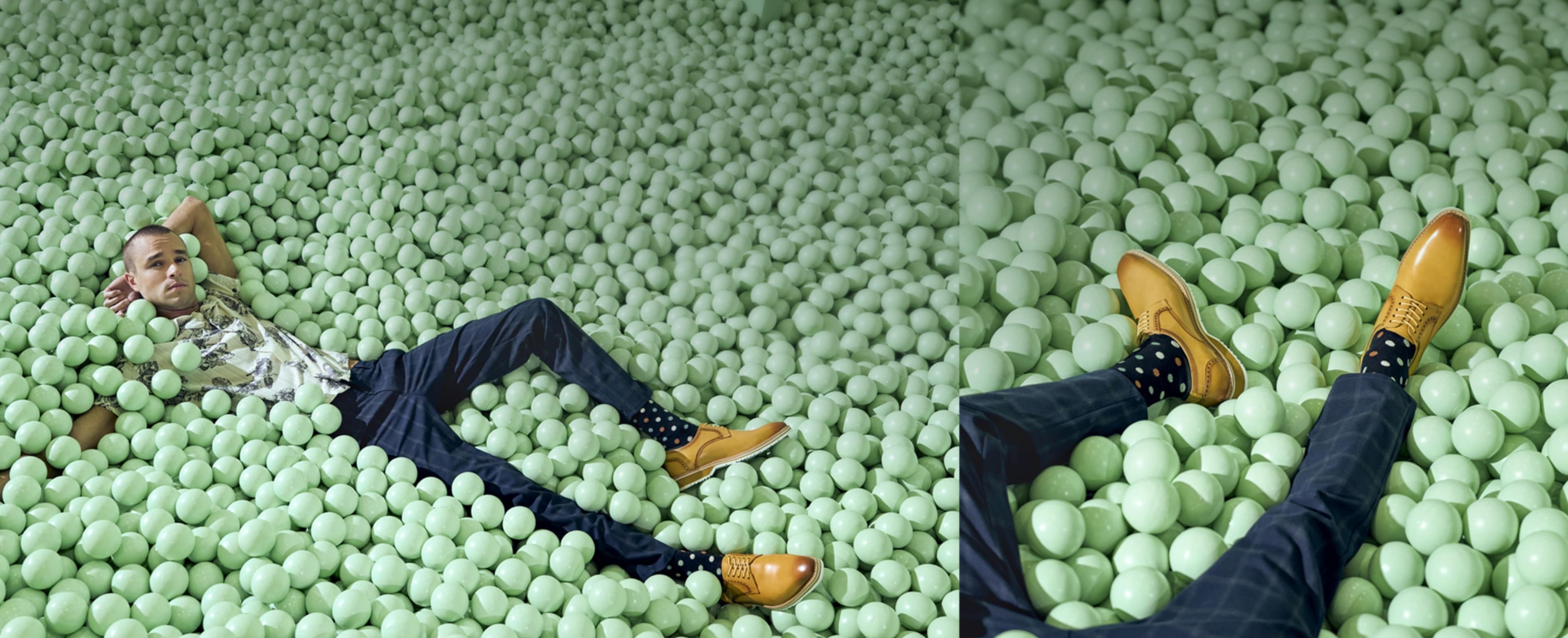 Click to shop Stacy Adams new arrivals featuring the Barringer in yellow in a sea foam ball pit.