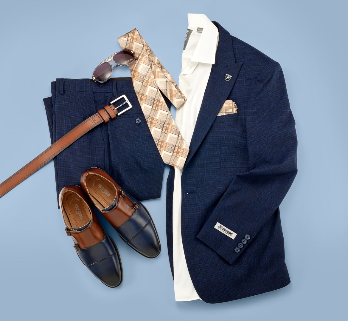 Shop Stacy Adams wedding edit featuring a suit flat lay.