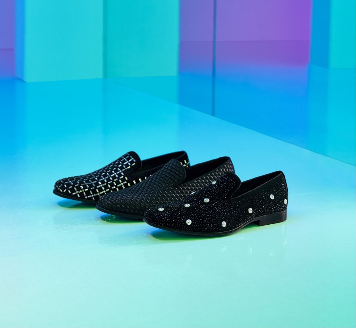 Image features Stacy Adams social shoes on an aqua background.