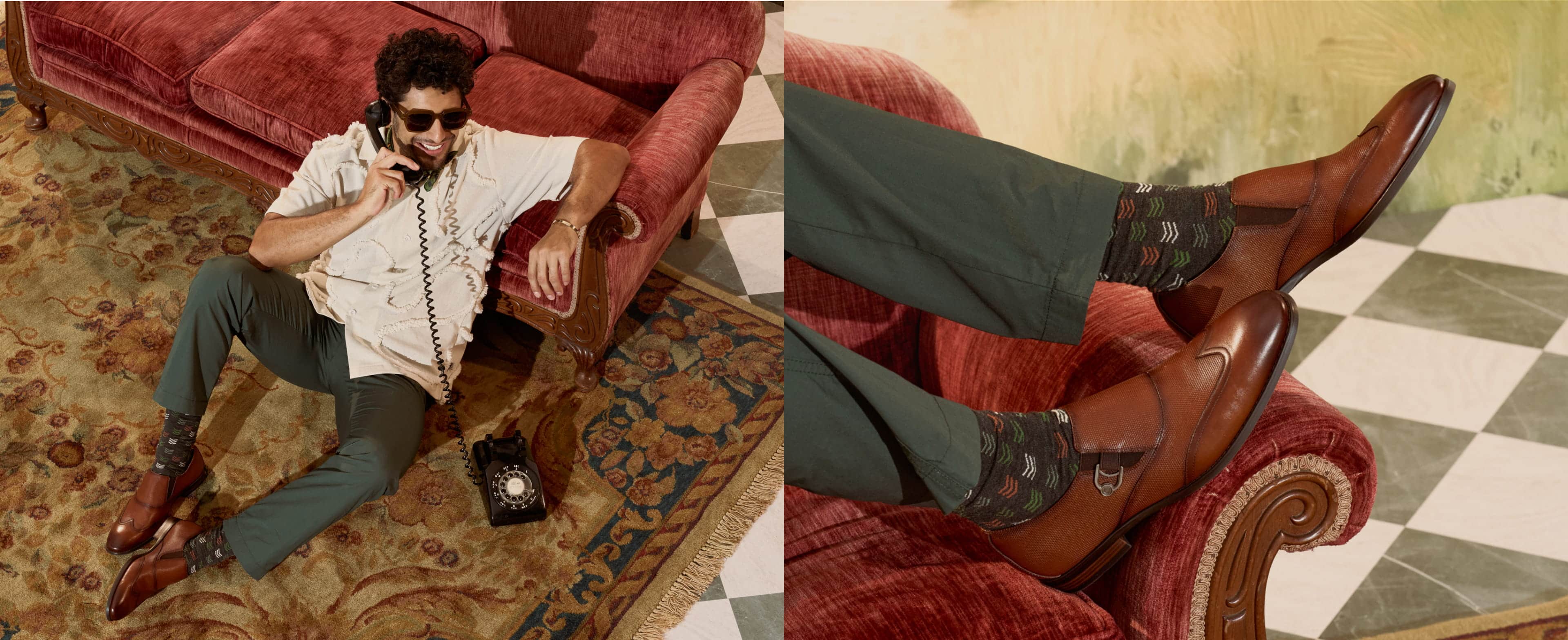 Shop our new arrivals. Image features the Lockwood wingtip in cognac on a red sofa.