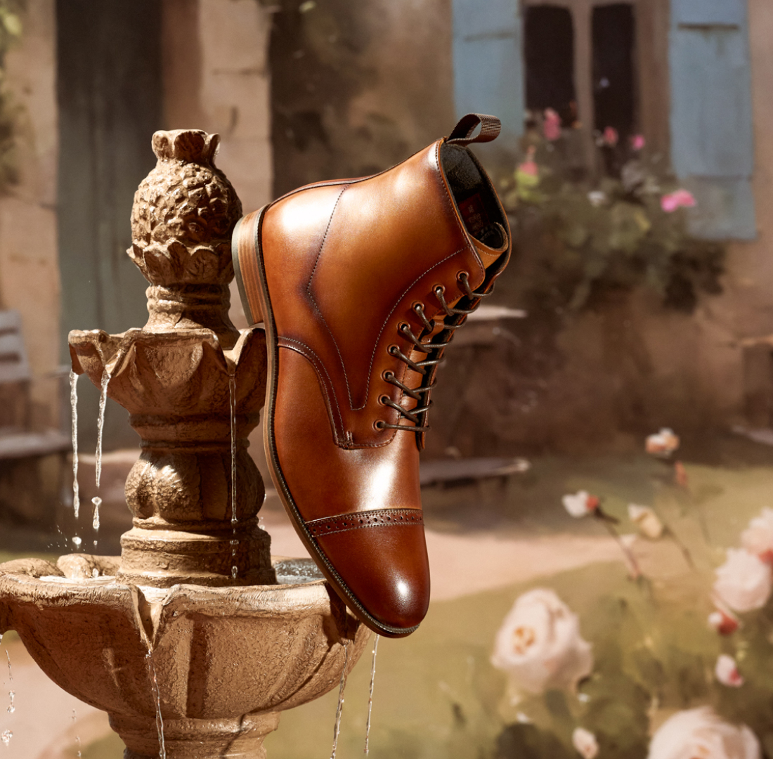 Shop Stacy Adams classics featuring the Henry boot on a fountain.