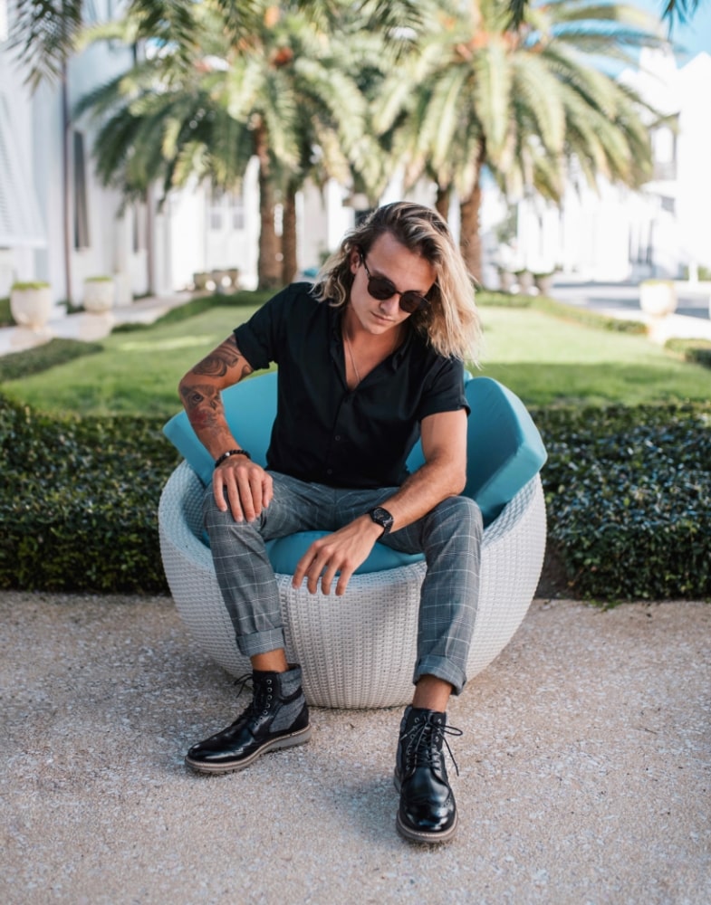 Image of social media influencer Nick Stafford wearing the Granger Cap Toe Lace Up in Black in sunny Southern California.