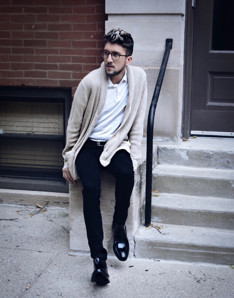 Image of social media influencer Thomas Trust wearing the Joffrey Plain Toe Chelsea Boot in Black while out and about in Chicago, IL.