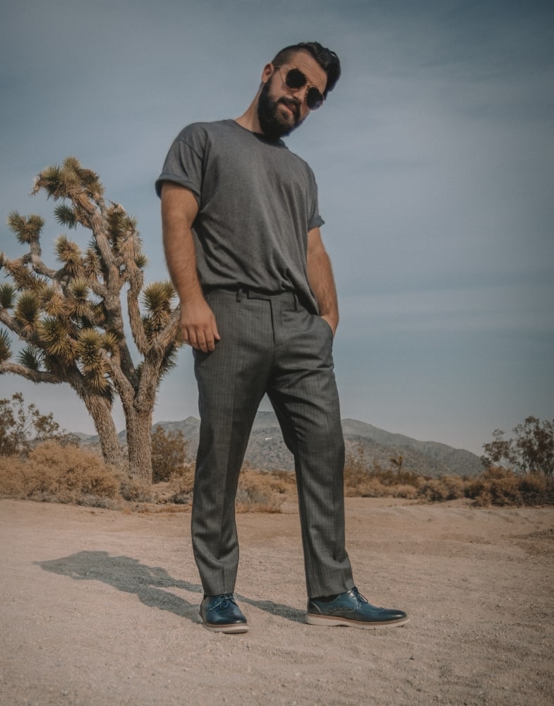 Image of social media influencer Ben Juster standing outside in the Synergy Wingtip Oxford in Blue.