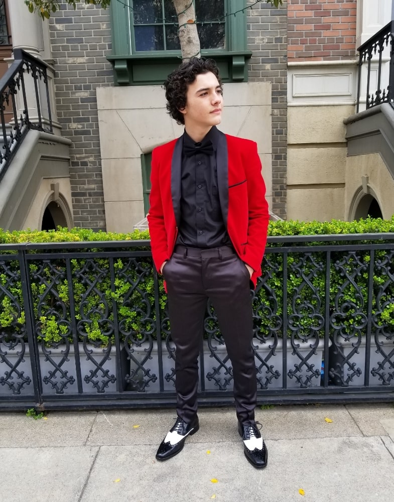 Image of young actor Hunter Payton wearing the Tinsley Wingtip Oxford in Black with White for a recent press appearance.