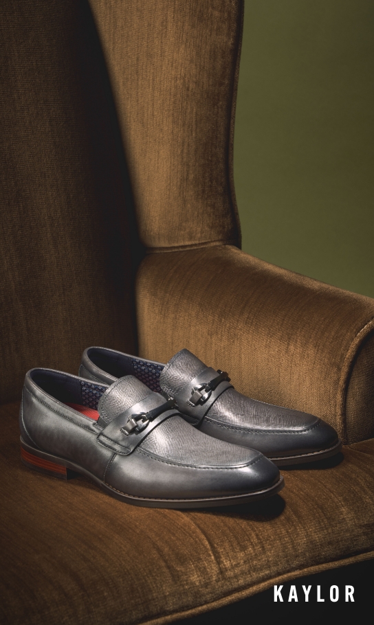 Men's Dress Shoes category. Image features the Kaylor slip on in grey.