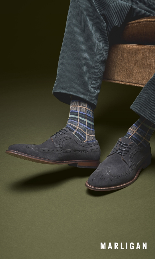 Men's Casual Shoes category. Image features the Marligan wingtip in grey suede.