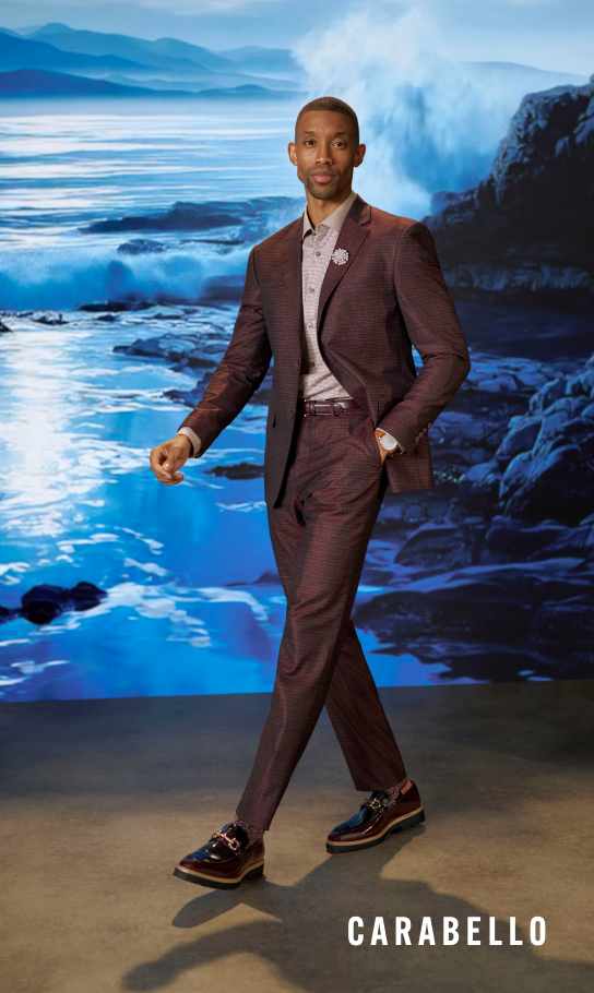 Men's Newest Shoes category Image features the Carabello loafer in burgundy on a man in a suit.