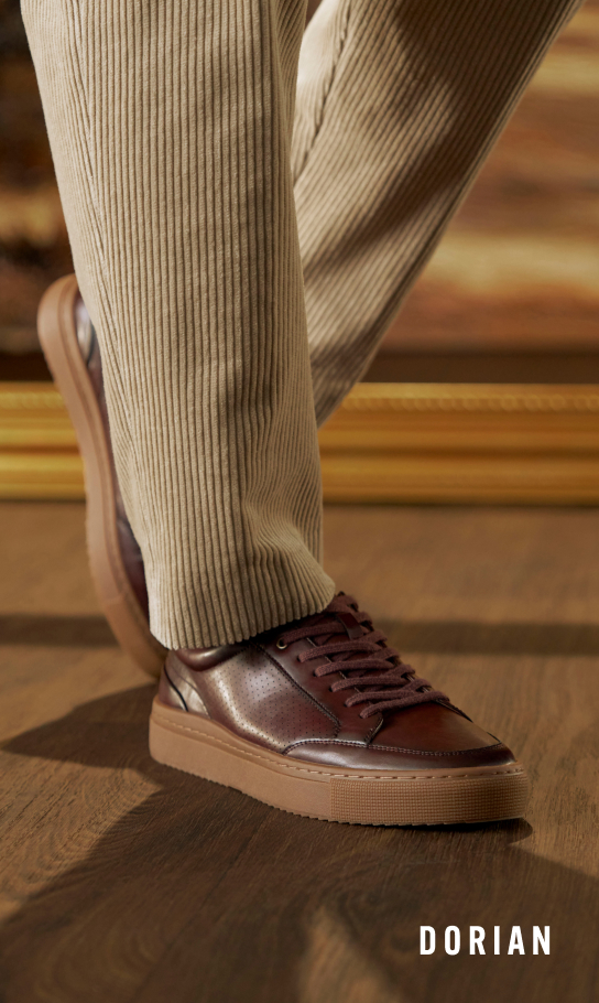 Men's Casual Shoes category. Image features the Dorian sneaker in burgundy.