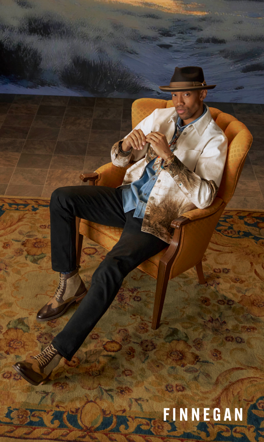 Men's Boots category Image features the Finnegan wingtip boot in brown. 