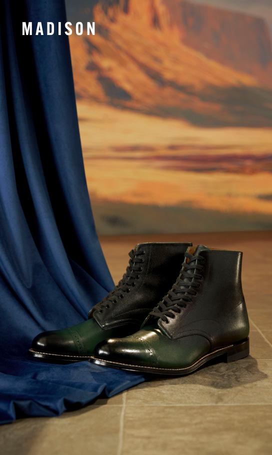 Men's Classic Shoes category. Image features the Madison boot in green ombre. 