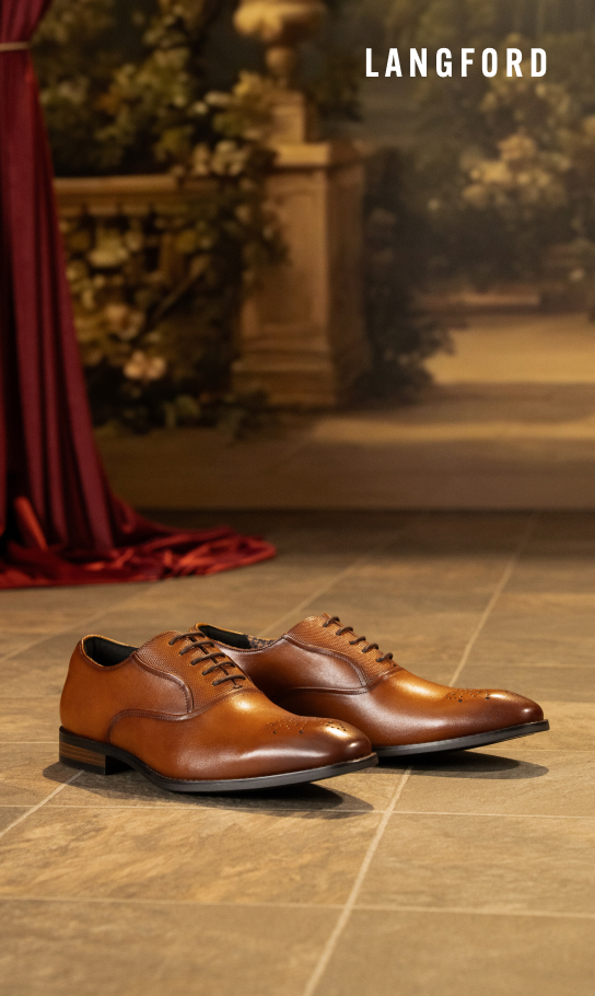 Men's Dress Shoes category Image features the Langford in cognac. 