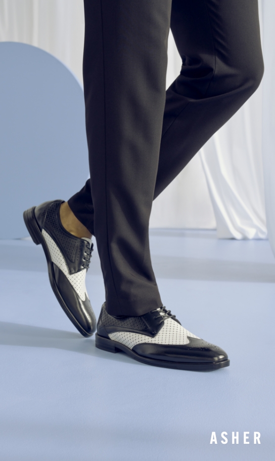 Men's Dress Shoes category. Image features the Asher in black and white.
