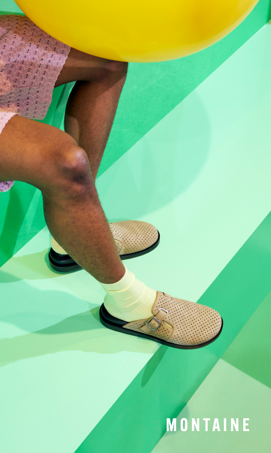 Men's Sandals Category.  Image features the Montaine clog in tan.