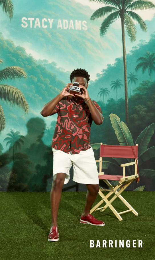 Shoes for Men view all category. Image features the Barringer oxford in red.