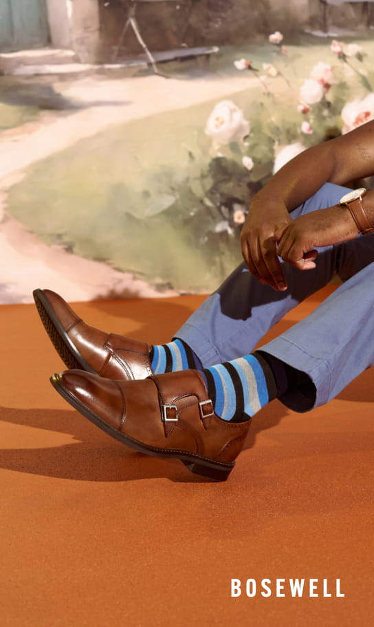 Men's Dress Shoes category. Image features the Boswell Monk Strap Oxford in cognac.