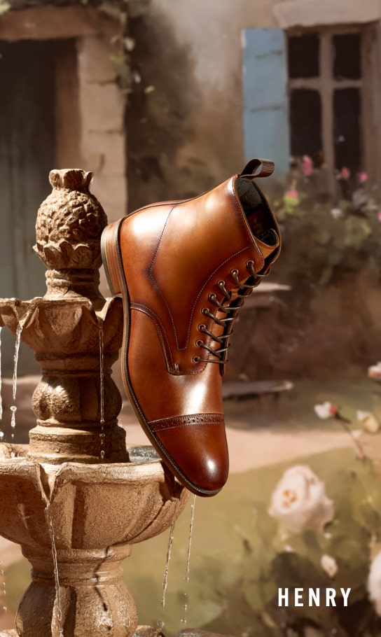 Men's Classic Shoes category. Image features the Henry boot in cognac.