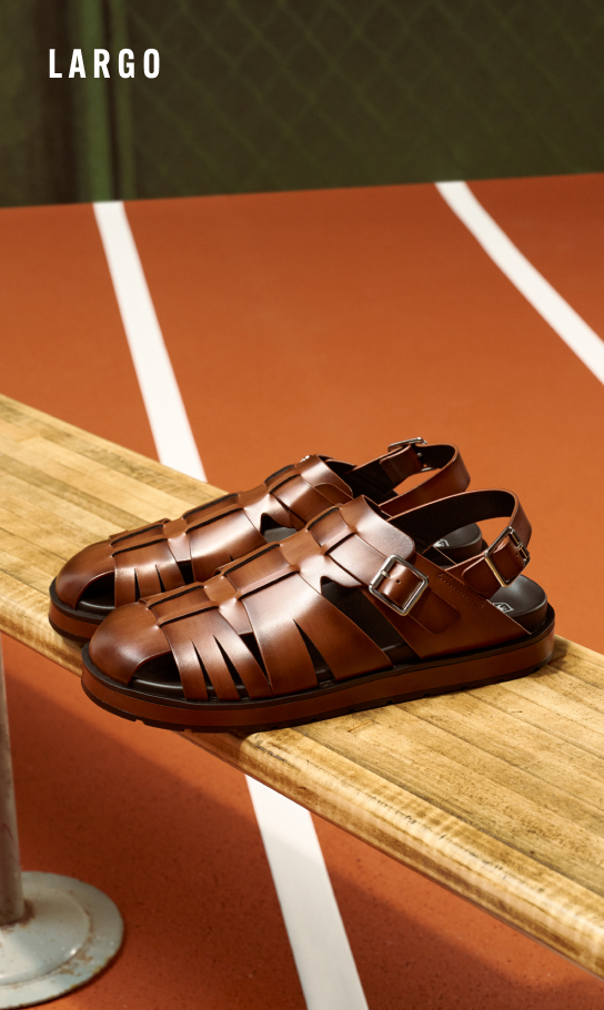 Men's Sandals Category.  Image features the Largo sandal in cognac on a bench. 