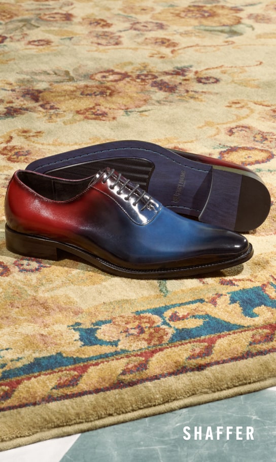 Men's Dress Shoes category. Image features the Shaffer oxford in navy multi.