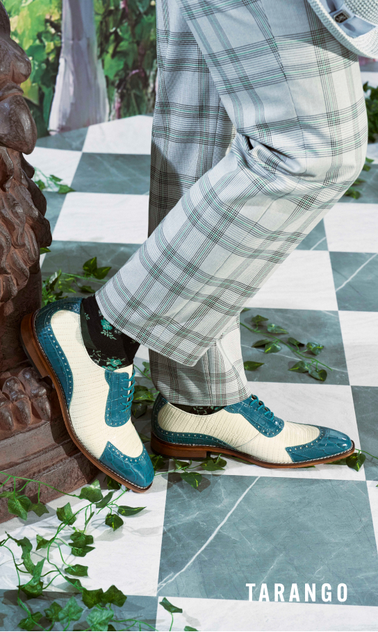 Men's Fashion Shoes category. Image features the Tarango oxford in teal and ivory on a checkered floor.