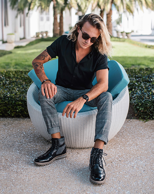 Image of social media influencer Nick Stafford wearing the Granger Cap Toe Lace Up in Black in sunny Southern California.
