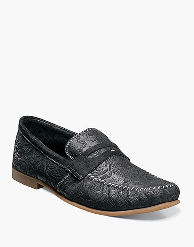 Florian Moc Toe Penny Loafer in Black Suede for $$89.90