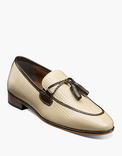 Bianchi Leather Sole Moc Toe Tassel Slip On in Taupe Multi for $$140.00